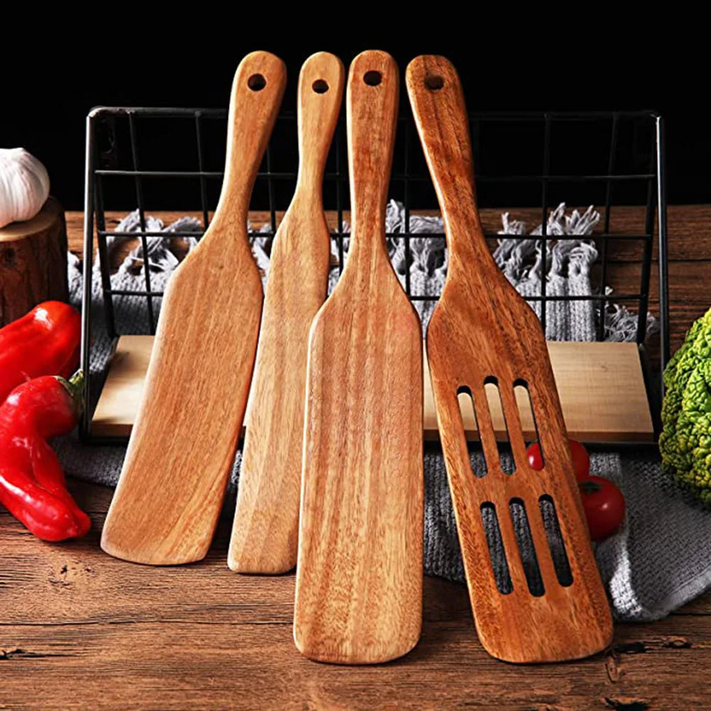 1-7pcs Teak Wood Tableware Set – Natural Wooden Spoons, Colander Spoon & Soup Skimmer Cooking Tool Kit