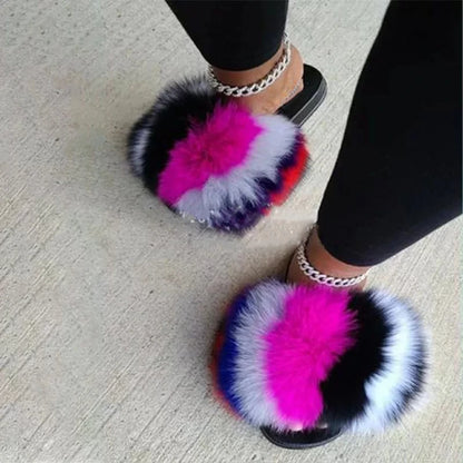 Girls’ Luxury Fluffy Fur Slippers – Warm Plush Indoor Flip Flop Slides for Women, New Arrival