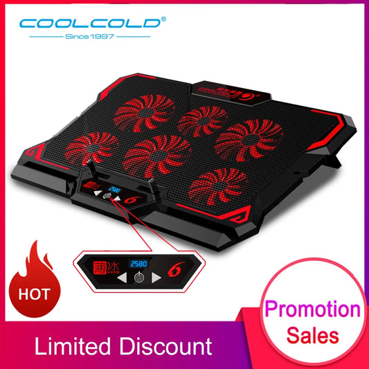 COOLCOLD 17-Inch Gaming Laptop Cooler - Six Fan System, LED Screen, Dual USB Ports, 2600RPM Cooling Pad & Notebook Stand