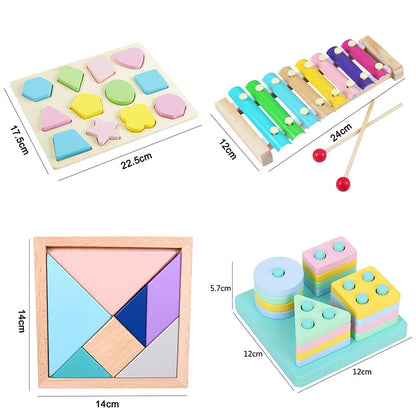 Hot Kids Montessori Wooden Toys – Macaron Blocks Learning Set, Baby Music Rattles & Colorful Educational Blocks