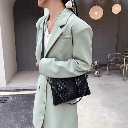 Vintage Skull Rivet PU Leather Shoulder Bag — Women’s Black Crossbody Flap Messenger Handbag