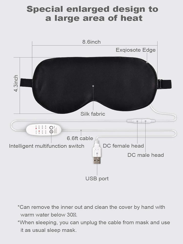 USB Heated Silk Eye Mask - Reusable Eye Massager for Sleeping, Puffiness, and Dark Circles - Eye Care with USB Heating