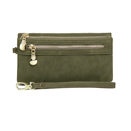 Large Capacity Women's Wallet – Dull Polish Leather, Double Zipper Clutch Wristlet with Phone, Coin & Card Holder Pockets