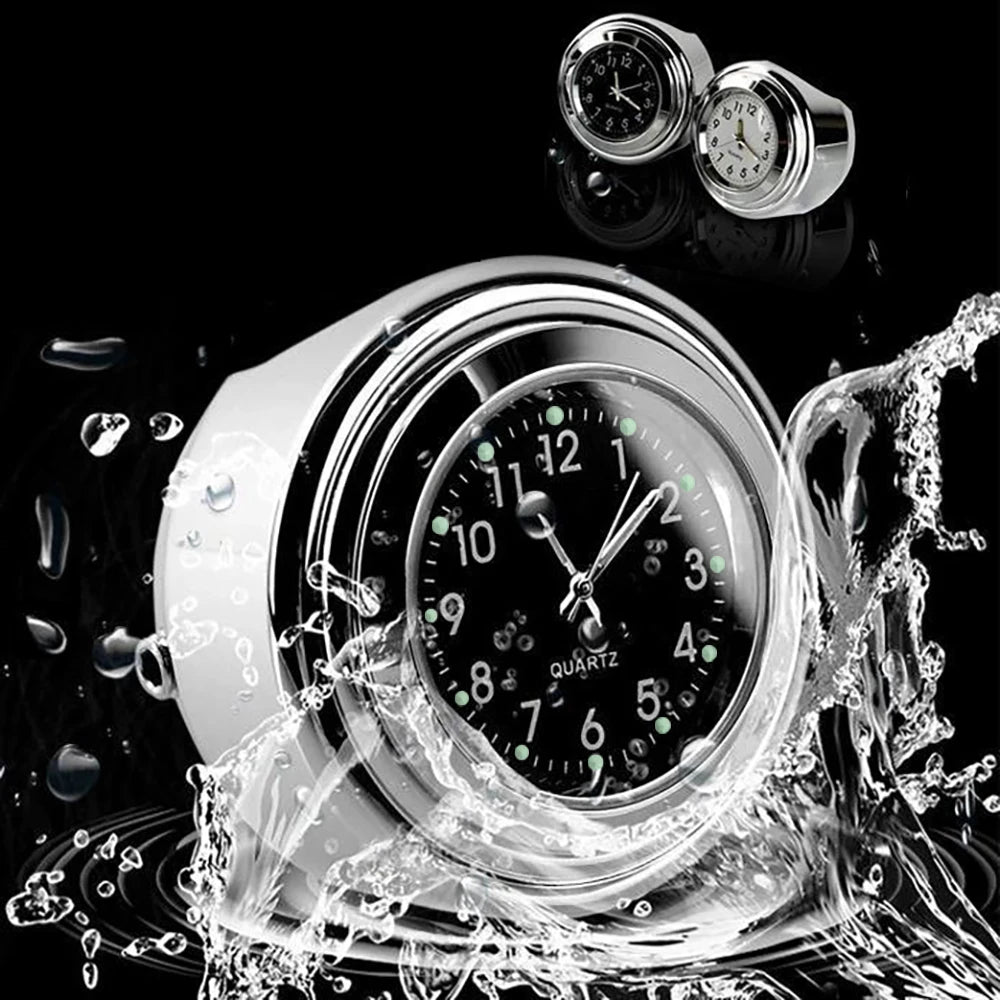 Chrome Waterproof Motorcycle Clock - 7/8" Handlebar Mount Quartz Watch with Luminous Dial - Aluminum Moto Accessory