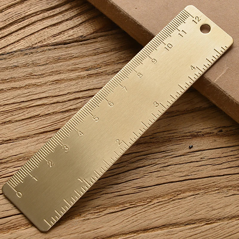 Vintage Brass Straight Ruler — Metal Triangle Protractor Measuring Tool for Students