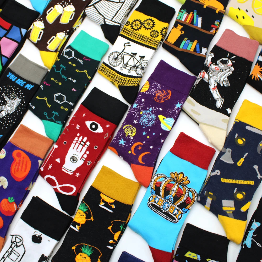Funny Cartoon Fashion Cotton Socks – Hip Hop Skateboard Style Socks for Men & Women, Beer, Pizza, Astronaut & Pineapple Print Casual Wear Socks