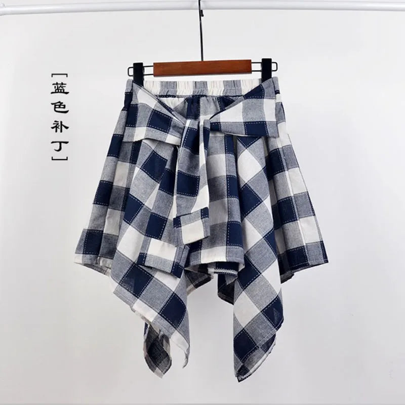 TOTRUST Women’s Fashion Asymmetrical Summer Plaid Mini Skirt – Casual College Style Fake Shirt Design