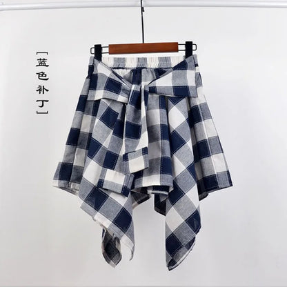 TOTRUST Women’s Fashion Asymmetrical Summer Plaid Mini Skirt – Casual College Style Fake Shirt Design