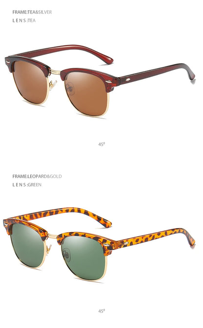 Classic Half Frame Polarized Sunglasses – Retro Rivet Design for Men & Women, Anti-Glare Black Travelling Shades