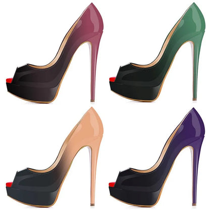 Women’s Sexy Platform Peep Toe Pumps – 14cm Stiletto Patent Leather High Heels for Party & Wedding