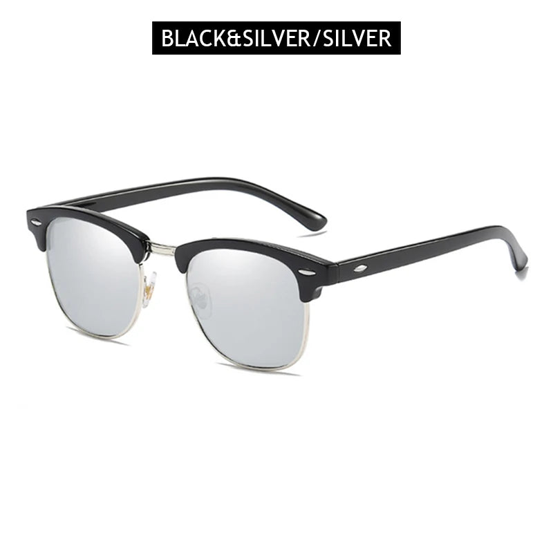 Classic Half Frame Polarized Sunglasses – Retro Rivet Design for Men & Women, Anti-Glare Black Travelling Shades