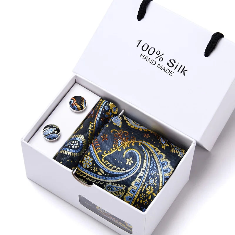 100% Silk Men’s Tie Gift Set - Classic 7.5cm Striped Floral Necktie with Handkerchief for Office, Party & Wedding Formal Wear