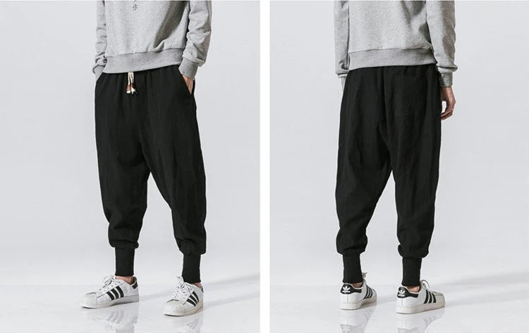 Men’s Cotton Linen Harem Pants – Solid Color Baggy Drop-Crotch Joggers with Elastic Waist Casual Streetwear Trousers
