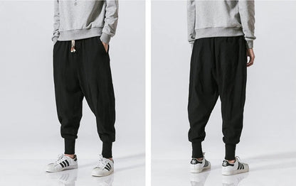 Men’s Cotton Linen Harem Pants – Solid Color Baggy Drop-Crotch Joggers with Elastic Waist Casual Streetwear Trousers