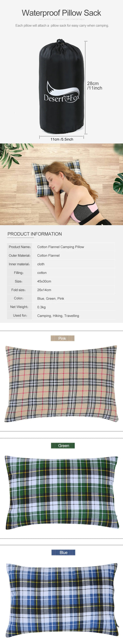 Desert&Fox Cotton Camping Pillow – Portable Folding Travel Pillow with Case for Hiking & Camping