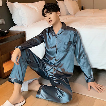 Solid Color Silk Satin Pajama Set – Long Button-Down Sleepwear for Couples, Women & Men Loungewear Plus Size