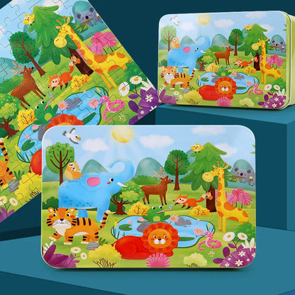 100PCS Kids Wooden Puzzle Set – Cartoon Animal & Vehicle Jigsaw Toys for Early Learning & Parent-Child Play