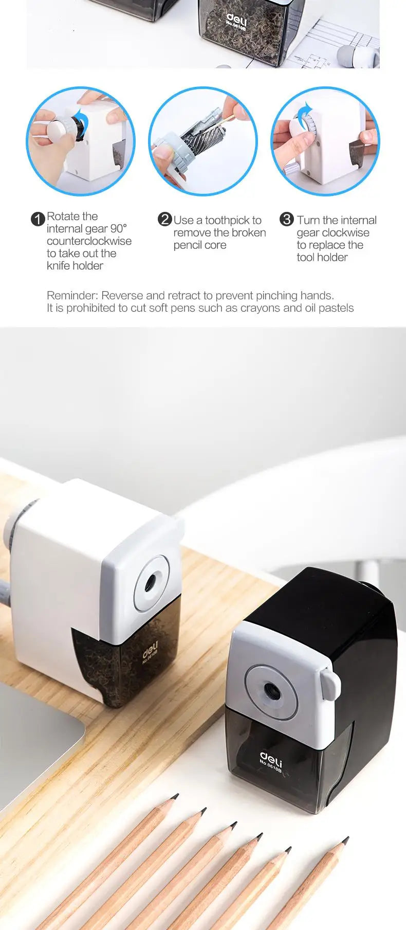 DELI Rotary Pencil Sharpener – Office & School Table Cutter Stationery Tool