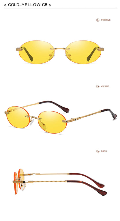 Retro Oval Rimless Sunglasses – Blue Mirror Gold Metal UV400 for Men & Women