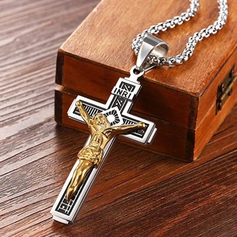 Vintage Jesus Cross Pendant Necklace – Catholic Christian Amulet Jewelry for Men & Women Religious Prayer Gift