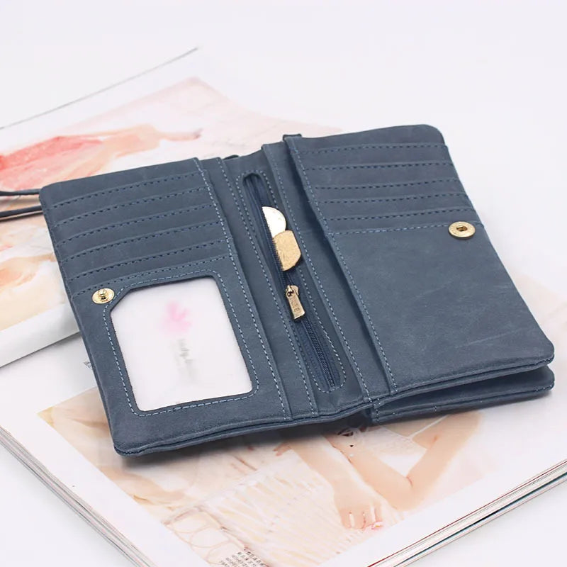 Large Capacity Women's Wallet – Dull Polish Leather, Double Zipper Clutch Wristlet with Phone, Coin & Card Holder Pockets