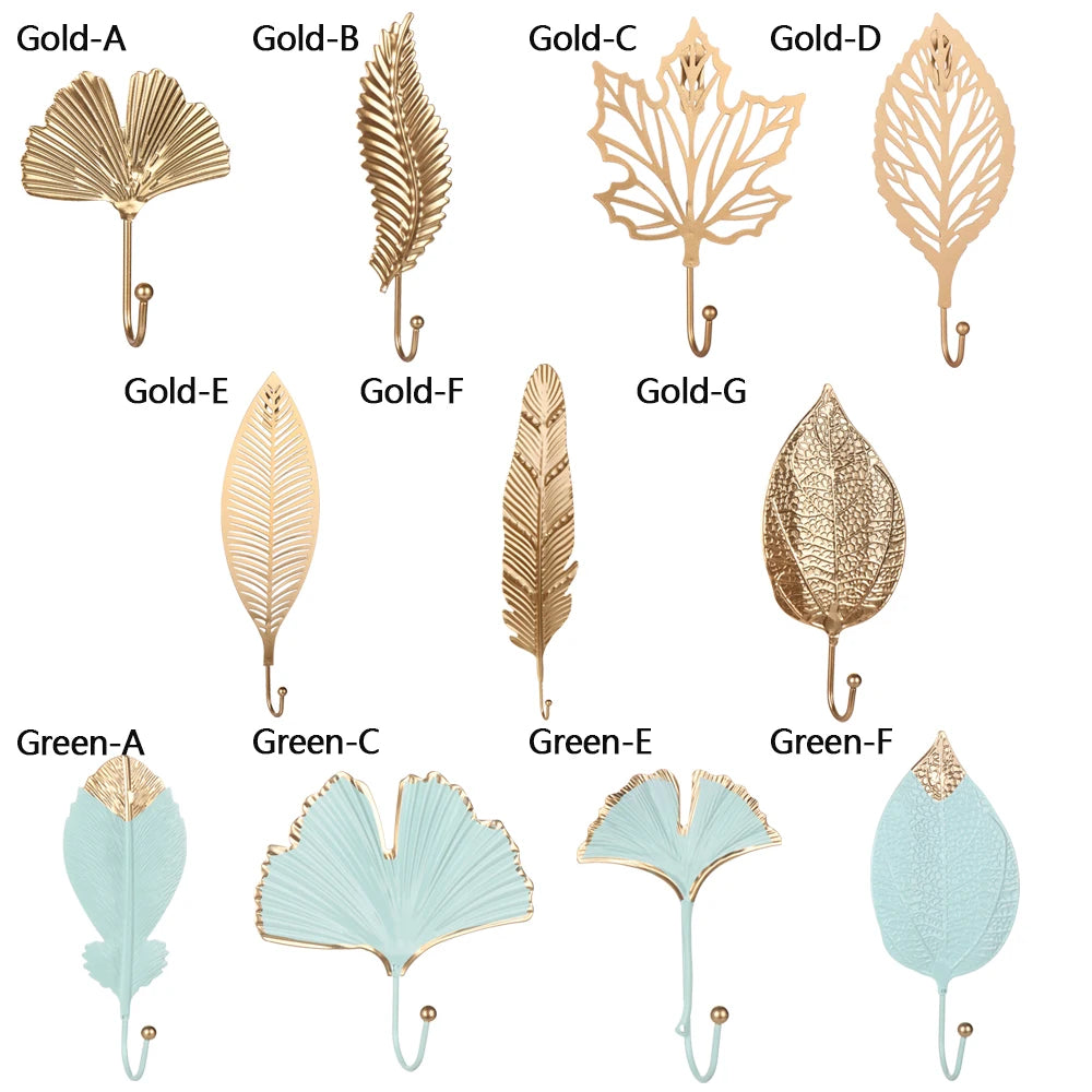 Nordic Style Gold/Green Leaf Shape Wrought Iron Hook Wall Hanger - Towel Clothes Storage Rack for Home Organization