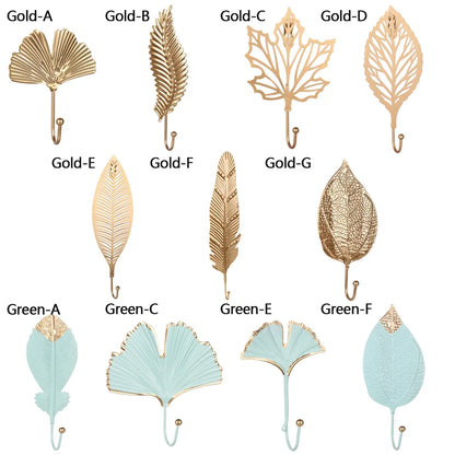 Nordic Style Gold/Green Leaf Shape Wrought Iron Hook Wall Hanger - Towel Clothes Storage Rack for Home Organization