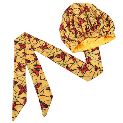 African Satin Lined Bonnet with Long Ribbon - Floral Ankara Print Head Wrap Turban Cap for Women