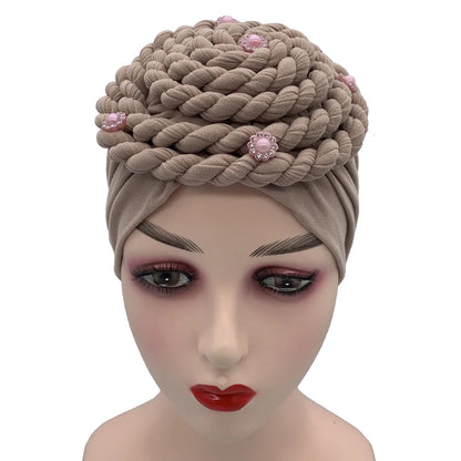 Diamond Braided Turban Hat for Women – Muslim Hijab Bonnet, African Headwrap Cap, Inner Headscarf