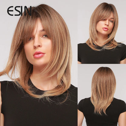 ESIN Synthetic Dark Brown Wig for Women - Long Wavy Wig with Bangs, Heat Resistant for Party & Daily Use