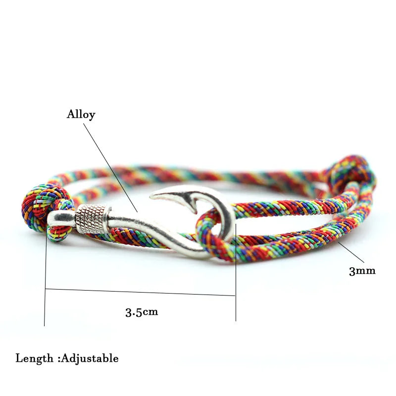 Vintage Fish Hook Men's Bracelet – Double Layer Braided Lucky Wine Red Adjustable Bracelet, Gift for Him
