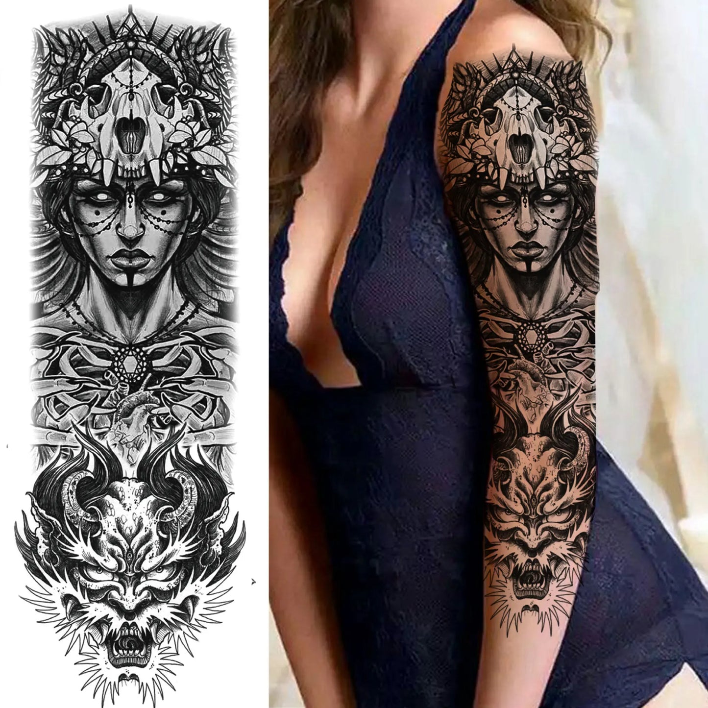 Temporary Tattoo Sleeve - Realistic Full Arm Skull Angel Maori Design Tattoo Sticker for Men & Women