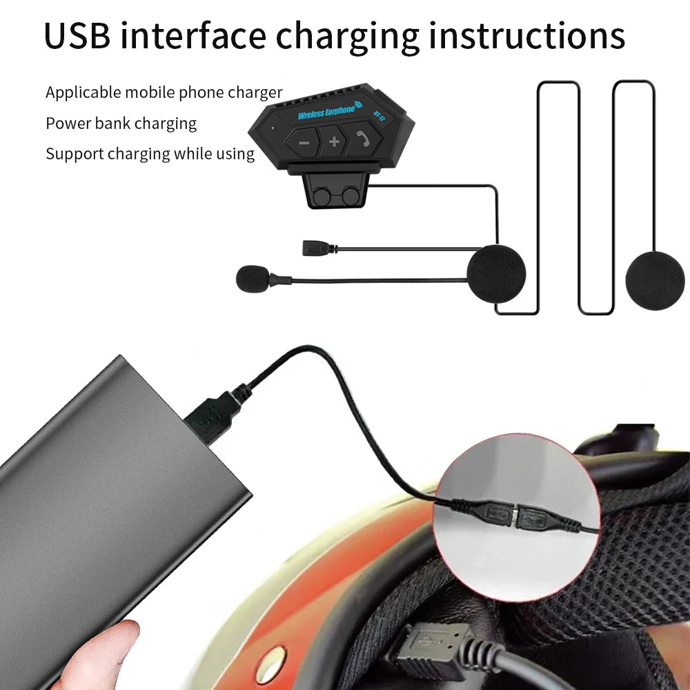 BT12 Motorcycle Helmet Headset - Stereo Bluetooth Earphone, Wireless Hands-Free Mic & Music Player for Motorbike Riders