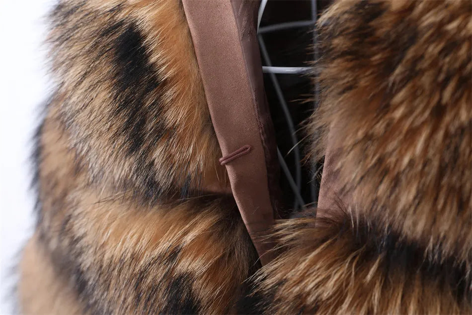 2025 Maomaokong Women’s Real Fur Coat – Natural Raccoon & Fox Fur Jacket with Hood, Warm Winter Outerwear