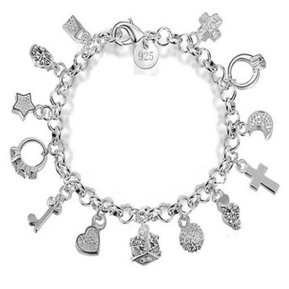 925 Sterling Silver 13-Piece Charm Bracelet – Fashion Pendant Chain Jewelry for Women & Teens