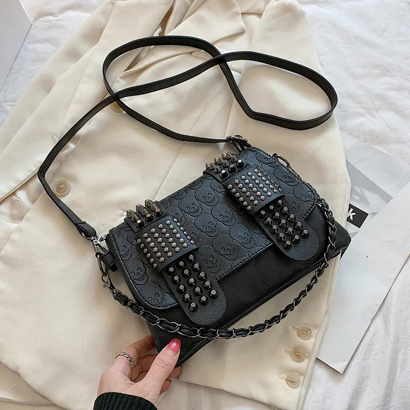 Vintage Skull Rivet PU Leather Shoulder Bag — Women’s Black Crossbody Flap Messenger Handbag