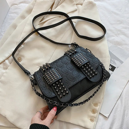 Vintage Skull Rivet PU Leather Shoulder Bag — Women’s Black Crossbody Flap Messenger Handbag