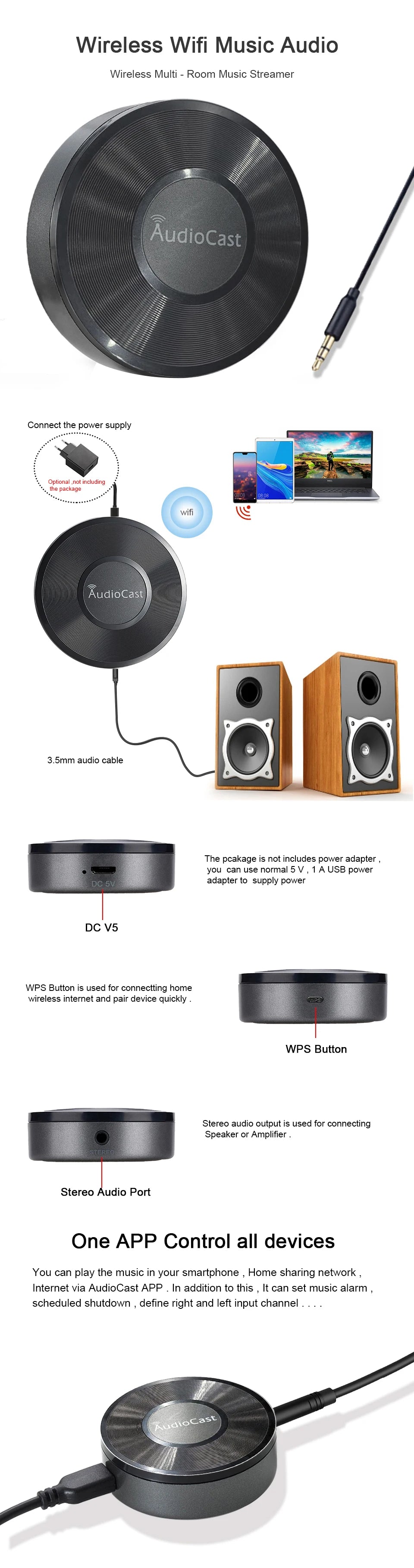 M5 AudioCast Airplay Wireless Music Receiver – 2.4G WIFI HiFi Speaker Adapter for DLNA, Spotify & Audio Streaming