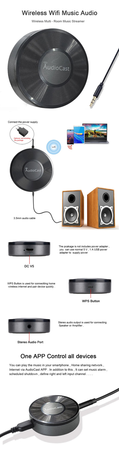 M5 AudioCast Airplay Wireless Music Receiver – 2.4G WIFI HiFi Speaker Adapter for DLNA, Spotify & Audio Streaming