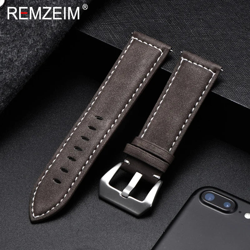 Genuine Leather Watch Band – Vintage Matte Black, Blue & Brown Strap for Men & Women, 18mm-24mm Wrist Bracelet