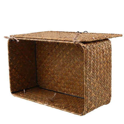 Handmade Seagrass Woven Storage Box with Lid - Seaweed Finishing Basket for Sundries, Bath Cosmetics, and Towels, Model MX01161829