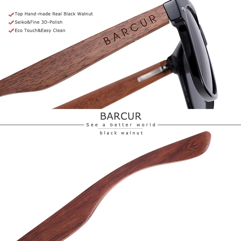 BARCUR Black Walnut Wood Polarized Sunglasses for Men – High-Quality Square UV400 Eyewear with Original Box