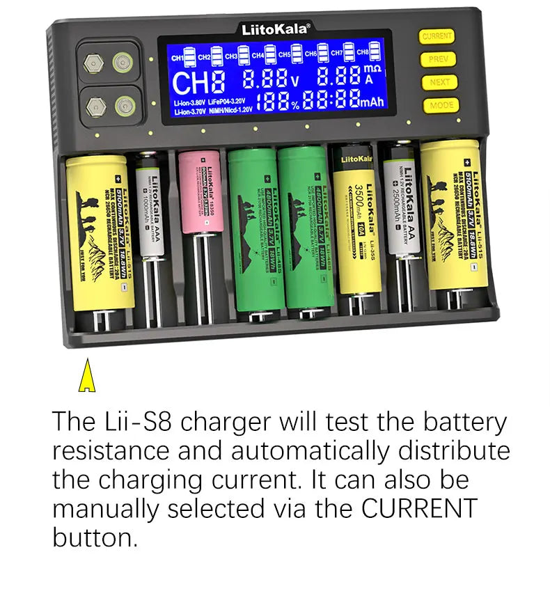 LiitoKala Lii-S12/Lii-S8 Battery Charger – LCD 18650, 21700, 26650, 26700, 20700, 18350, 9V IMR, NiMH/Cd, AA & AAA Rechargeable Batteries