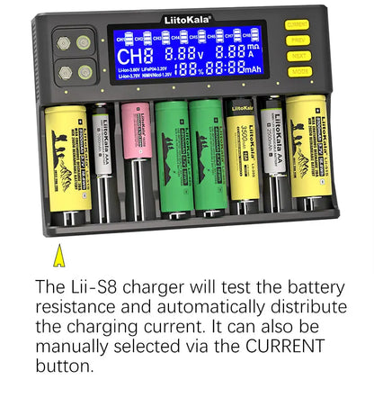 LiitoKala Lii-S12/Lii-S8 Battery Charger – LCD 18650, 21700, 26650, 26700, 20700, 18350, 9V IMR, NiMH/Cd, AA & AAA Rechargeable Batteries