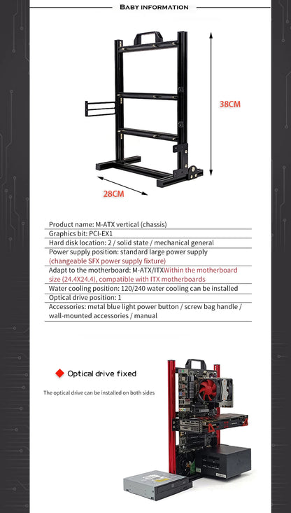 Aluminum Open Frame PC Case – Supports ITX/MATX/ATX Motherboards, Vertical Gaming Cabinet for DIY & Water Cooling Builds