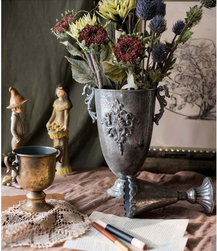 European Retro Iron Goblet Vase — Metal Flowerpot for Home, Living Room, Hotel & Flower Arrangement Decor