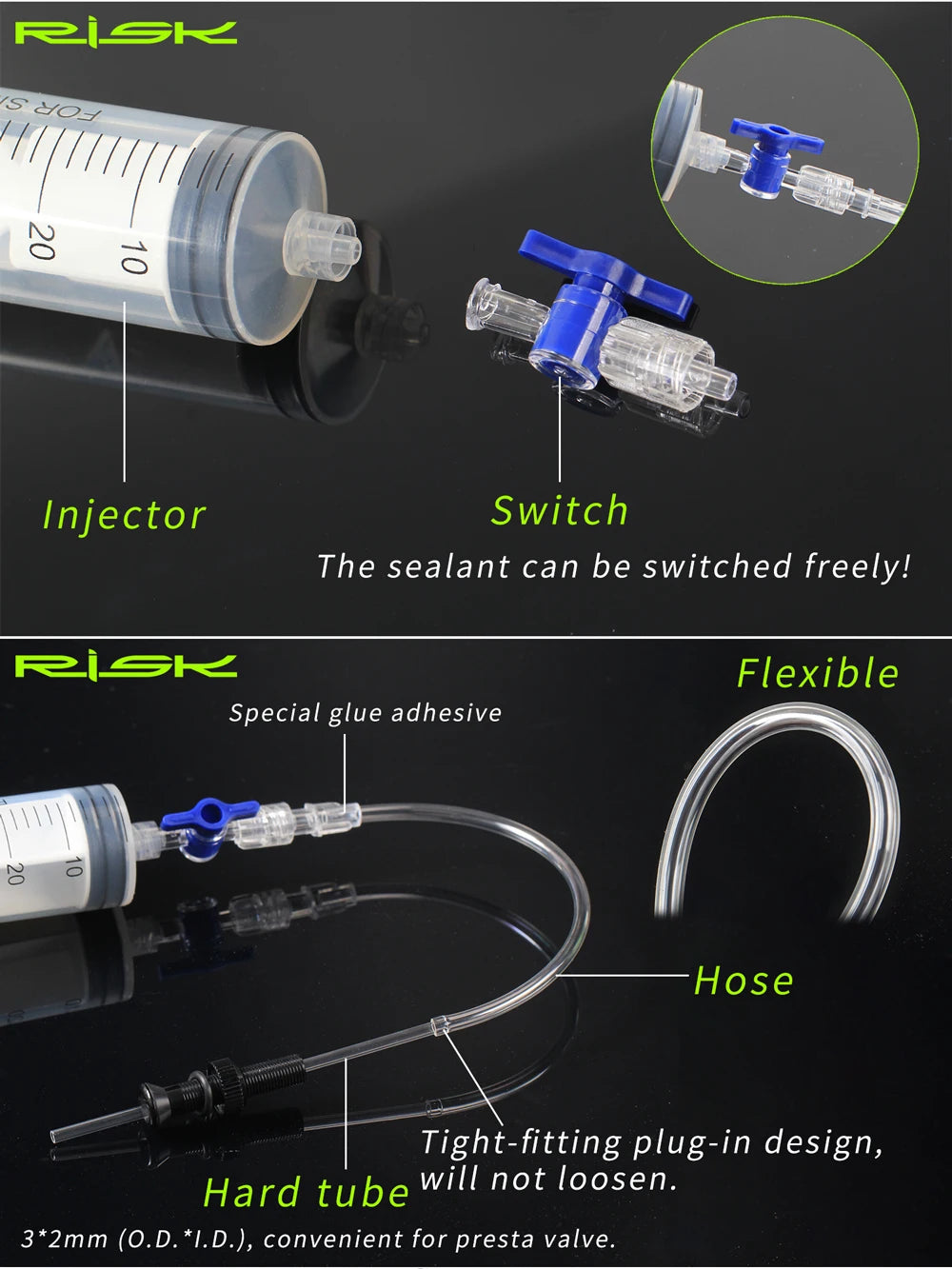 RISK RL225 Tubeless Tyre Sealant Injector — Bike Syringe with Schrader & Presta Valve Core Remover