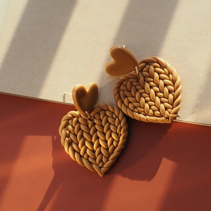 Handmade Knitted Heart-Shaped Polymer Clay Earrings – Braided Multi-Color Dangle Jewelry Set, Cute Love Gift