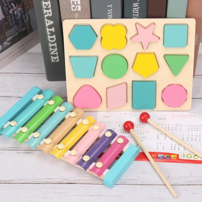 Hot Kids Montessori Wooden Toys – Macaron Blocks Learning Set, Baby Music Rattles & Colorful Educational Blocks
