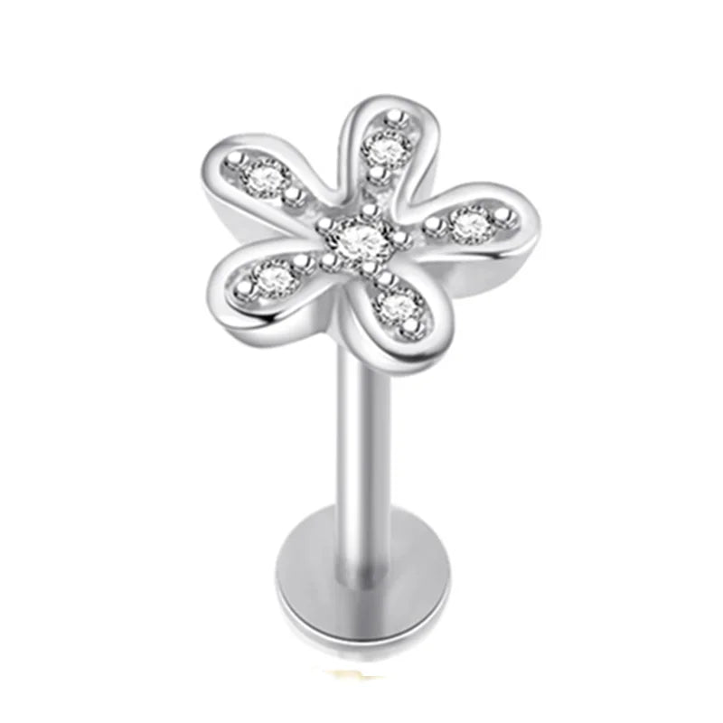 Crystal Flower Tragus Piercing Earring – 16G Cross Cartilage, Helix, Conch, Rook, Lobe & Labret Stud Jewelry